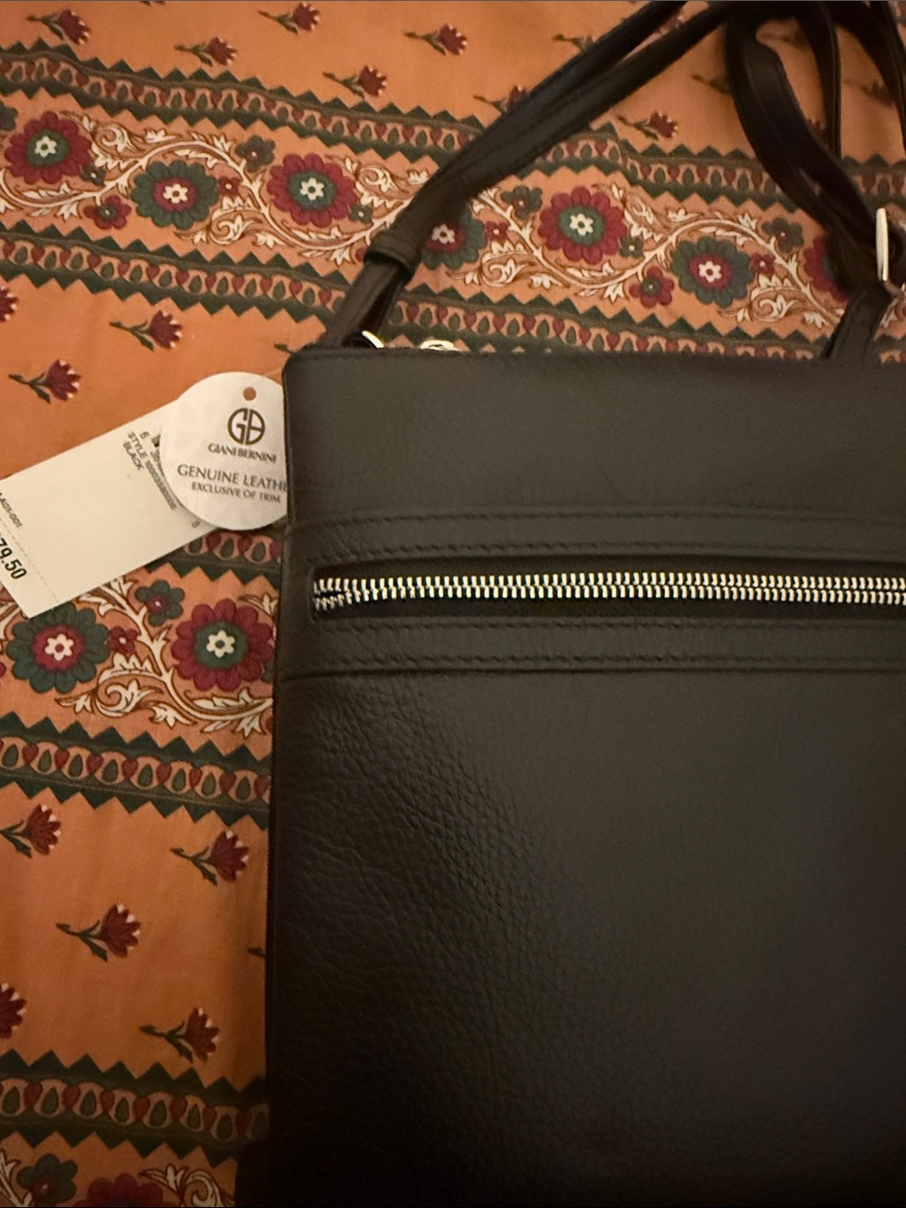 Giani Bernini Black Leather Messenger Bag with Silver Zip